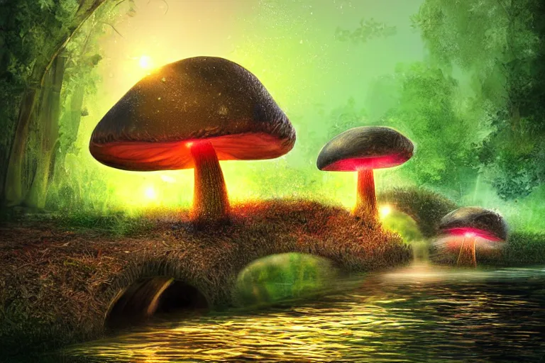 Image similar to giant mushrooms with lights next to a small bridge, flowing water, digital art, scenic,