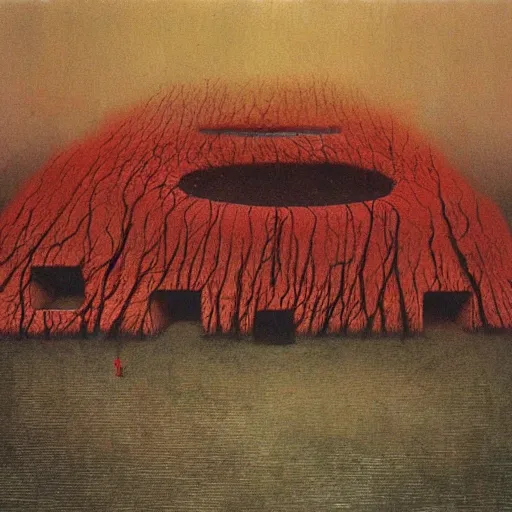 Image similar to surrealist painting of a brutalist building turning into meat, red fungus, post apocalyptic, tropical landscape, painted by beksinski