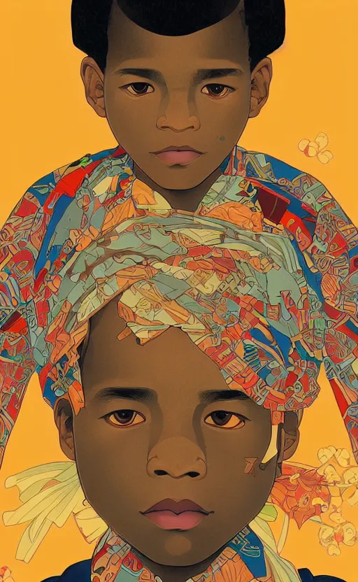 Prompt: colourful upper half portrait of an african boy - in japanese retro poster design illustration style, art by hsiao - ron cheng & alphonse mucha, highly detailed, digital painting, illustration, smooth, sharp focus, intricate, clustered, busy, pinterest, behance,