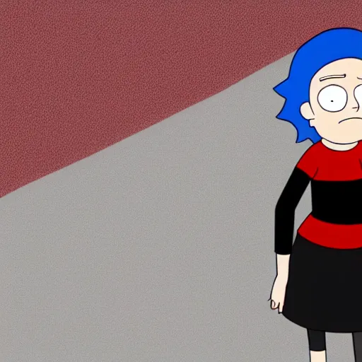 Image similar to of girl wearing red sweater with short black skirt and high heal shoes in the rick and morty style