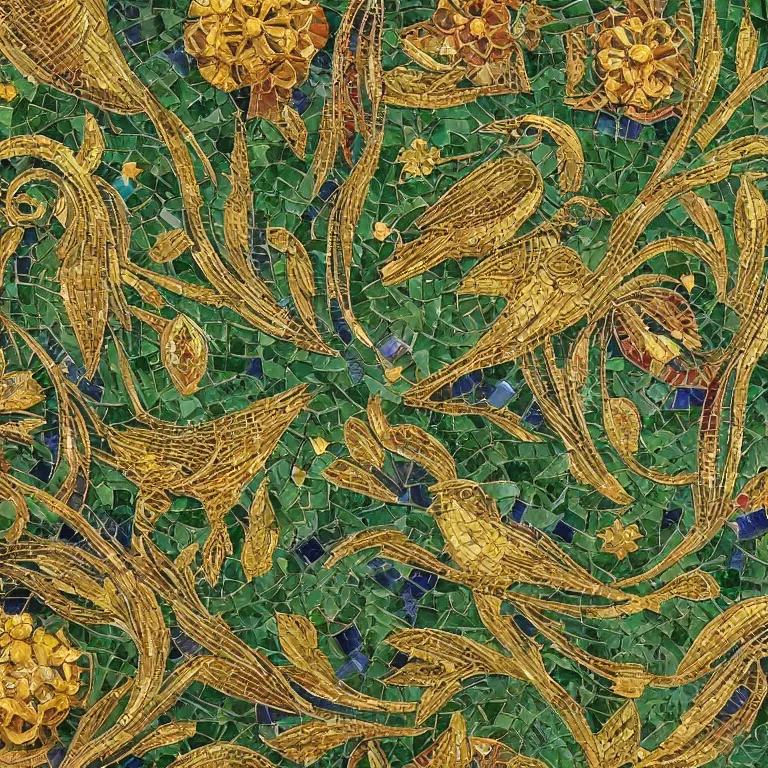 Prompt: art - deco ornament with mystic birds and flowers, highly detailed, photorealistic, mosaic, green and gold, symmetrical, ornate