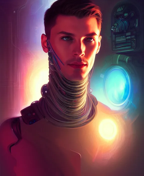 Image similar to a whirlwind inside the metaverse, guy, male, man, hologram, half body, neurochip, android, cyborg, cyberpunk face, by loish, d & d, fantasy, intricate, elegant, highly detailed, colorful, digital painting, artstation, concept art, art by artgerm and greg rutkowski and alphonse mucha