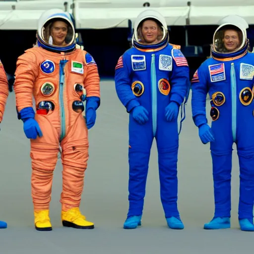 Image similar to 5 space astronauts in spacesuits of different colors, running in a relay race in a stadium, olympic games