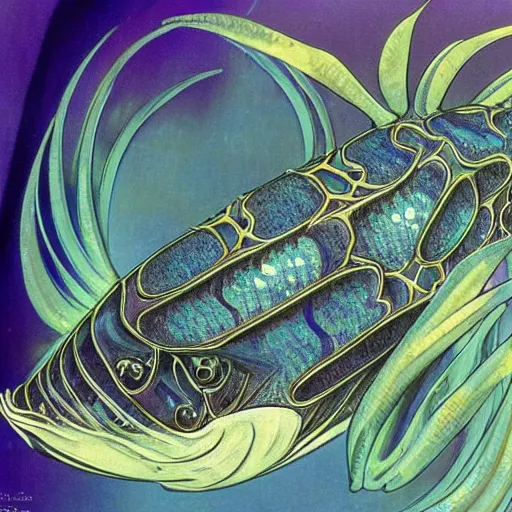 Prompt: a single fantasy deep sea fish that is heavily armored and it has disproportionately huge colorful wide spined pectoral fins and on its head 6 large black eyes and it's skin and fins have complex markings and it's tail fin is spined, it is swimming in a purple deep landscape with jagged rocks by alphonse mucha and brian froud