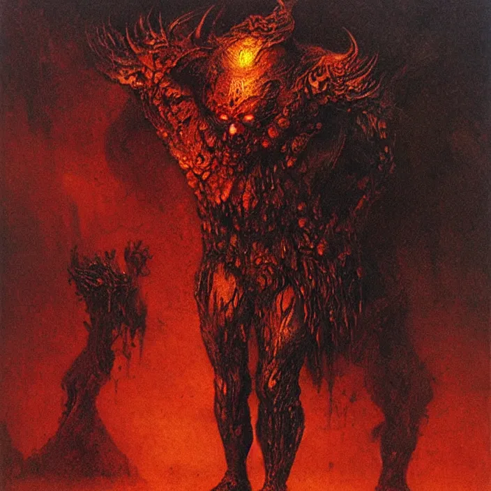 Prompt: demonic berserker in hellish armor, muscular body, demon, balrog, beksinski