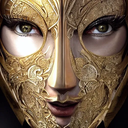 Image similar to Very very very very highly detailed epic photo of face with beautiful ornamental venetian mask, intricate, dystopian, sci-fi, extremely detailed, digital painting, artstation, concept art, smooth, sharp focus, illustration, intimidating lighting, incredible art by Artgerm and Vincent di Fate and Anton Pieck