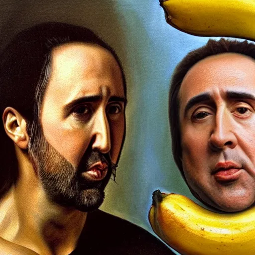 Prompt: highly detailed oil painting of nicolas cage inside of a banana, 4 k, in the style of caravaggio and dali