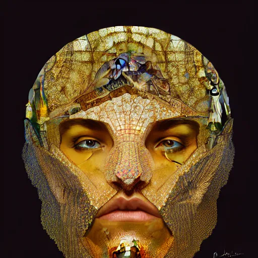 Image similar to halfturn portrait of a big crystal face, fully made of golden crystals, half - turn, bottom view, ominous, intricate, studio, art by anthony macbain + greg rutkowski + alphonse mucha, concept art, 4 k, sharp focus