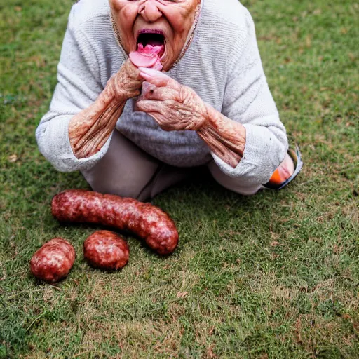 Prompt: elderly woman screaming at a sausage, canon eos r 3, f / 1. 4, iso 2 0 0, 1 / 1 6 0 s, 8 k, raw, unedited, symmetrical balance, wide angle