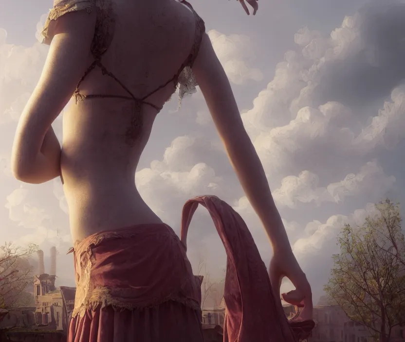 Image similar to a beautiful Cotton Mill Girl, symmetrical, centered, dramatic angle, ornate, details, smooth, sharp focus, illustration, realistic, cinematic, artstation, award winning, rgb , unreal engine, octane render, cinematic light, macro, depth of field, blur, red light and clouds from the back, highly detailed epic cinematic concept art CG render made in Maya, Blender and Photoshop, octane render, excellent composition, dynamic dramatic cinematic lighting, aesthetic, very inspirational, arthouse by Henri Cartier Bresson