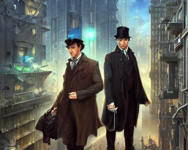 Prompt: sherlock holmes in a futuristic city, cool, detailed, realistic, digital art, hd, by alayna lemmer, by tom bagshaw, by fintan magee