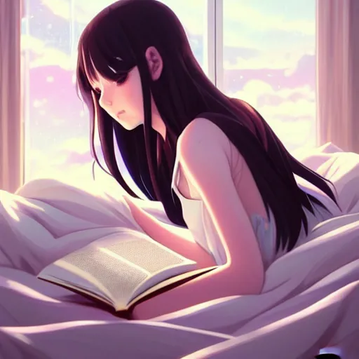 Image similar to a beautiful girl with long dark hair, lying in bed while reading a book, night time, sharp focus, intricate, digital painting, artstation, official media, anime key visual, highly detailed, rich vivid colors, ambient lighting, dynamic lighting, illustration, art by Artgerm, Makoto Shinkai, Ilya Kuvshinov, Lois Van Baarle, and Rossdraws