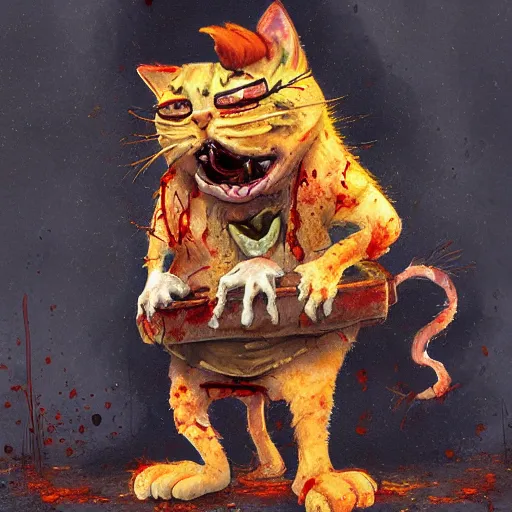 Image similar to a zombie Garfield the cat, by WLOP, horror, wounds, bloody, dark fantasy, trending on artstation