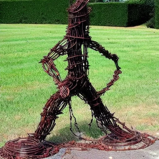 Image similar to sculpture made out of rusty barbed wire.