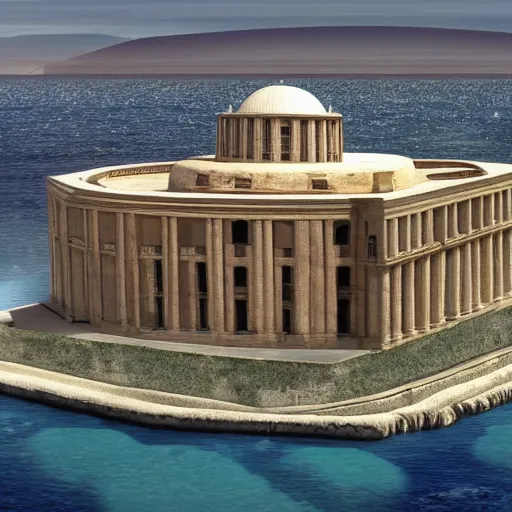 Prompt: The Library of Alexandria in pristine condition, as it would have looked in the 4th century A.D. In the background is the Mediterranean sea. Photorealism, hyper detail, intricate, 8k, epic depth,