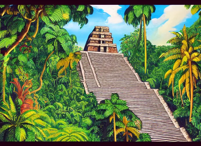 Prompt: Hand-painted Lucasarts background of a mayan temple in the middle of the jungle.