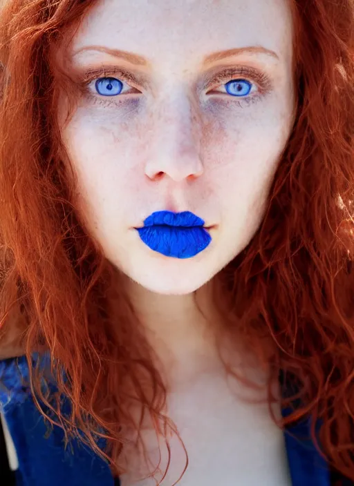 Image similar to close up portrait of a ( thin young redhead woman with russian descent, sunbathed skin, with ( intricate symmetrical deep blue eyes with ( round black pupils ) ) and ( wavy long maroon colored hair ) who looks directly at the camera with a ( slightly open mouth ) ). face takes up half of the photo. a park visible in the background. by luis royo.