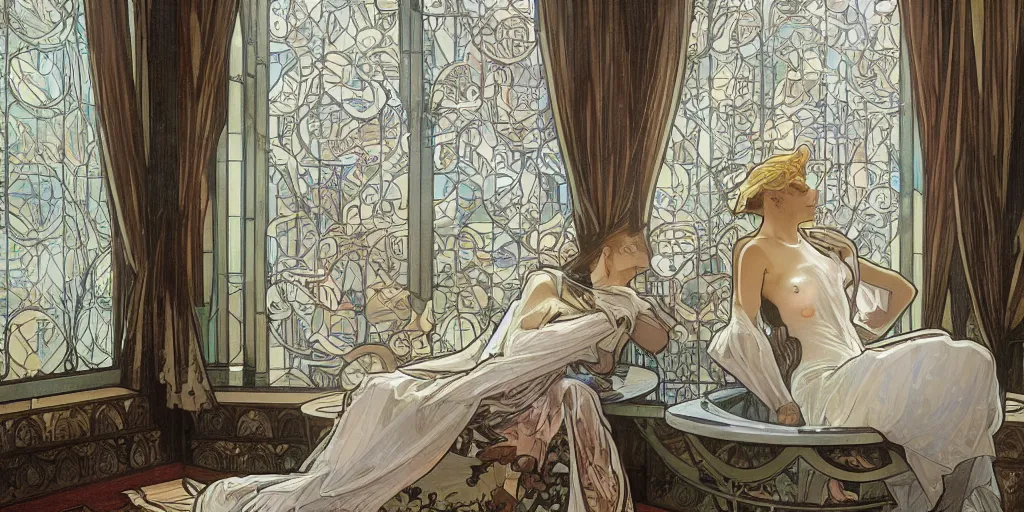 Prompt: Living room with daenerys in his bath, Alphonse Mucha, art nouveau, luxury, artstation, center focus on table, hyper realistic, 8K, warm lighting, white gold black, antique, large windows to french town