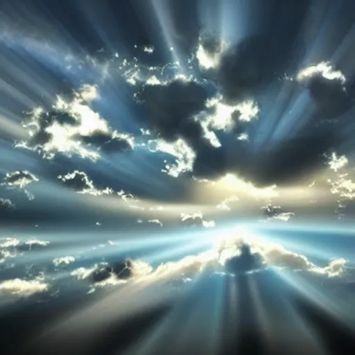 Image similar to clouds with blue rays of light coming from them, photorealistic, heavenly