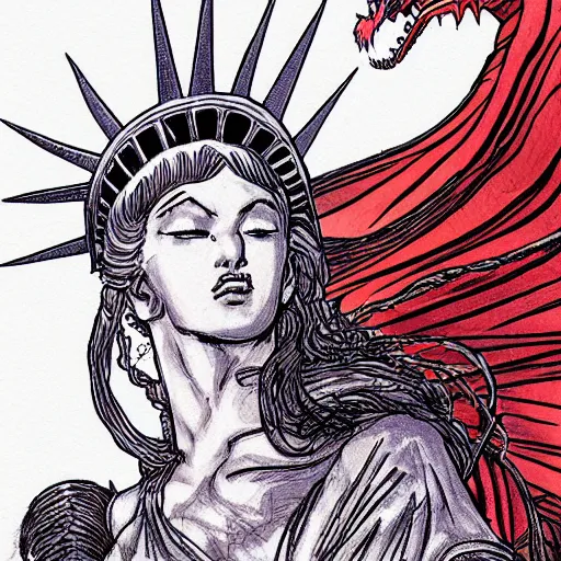 Image similar to Lady Liberty riding the red dragon of 龙, illustration, concept art, in the style of Arthur Adams