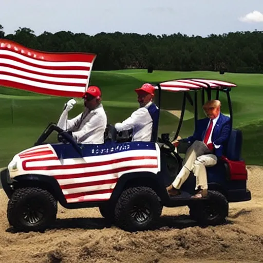 Image similar to donald trump riding a nuke, dirt bikes, golf cart, america flag, prison