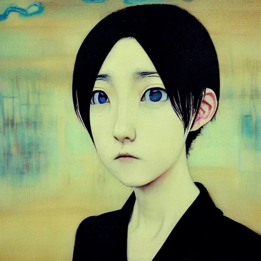 Image similar to yoshitaka amano blurred and dreamy realistic three quarter angle portrait of a young woman with short hair and black eyes wearing office suit with tie, junji ito abstract patterns in the background, satoshi kon anime, noisy film grain effect, highly detailed, renaissance oil painting, weird portrait angle, blurred lost edges