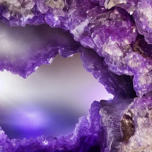 Image similar to photo inside an amethyst cave with a hot spring, highly detailed, 8k,