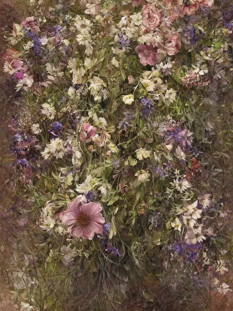 Prompt: a chaotic whirlwind of wildflowers and leaves, intricate details, aesthetically pleasing and harmonious natural colors, art by marco mazzoni, impressionism, detailed, dark, flowers