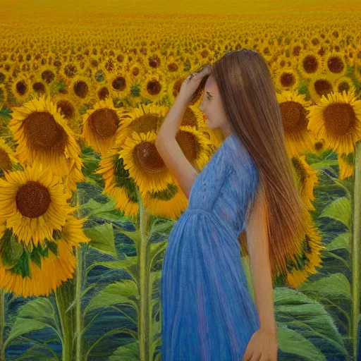 Image similar to a girl in amazing tall sunflower field, her hair flowing down, subtle, intricate details, real masterpiece, surreal, oil on canvas, by somsak anong