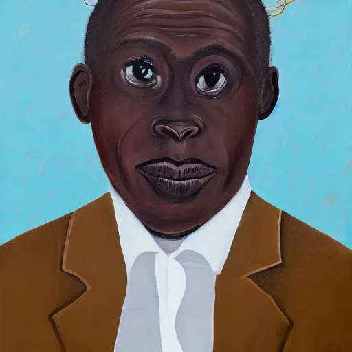 Prompt: a painting of a fatherly wide forehead, aquiline nose, round face, XXL , loving, caring, generous, ever-present, humble, wise elder from Kenya with a friendly expression in a suit by Wangechi Mutu . Fatherly/daddy, focused, loving, leader, relaxed,. ethereal lights, details, smooth, sharp focus, illustration, realistic, cinematic, artstation, award winning, rgb , unreal engine, octane render, cinematic light, macro, depth of field, blur, red light and clouds from the back, highly detailed epic cinematic concept art CG render made in Maya, Blender and Photoshop, octane render, excellent composition, dynamic dramatic cinematic lighting, aesthetic, very inspirational, arthouse.