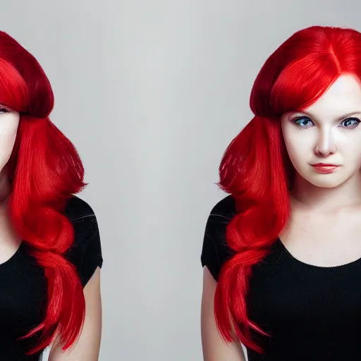 Prompt: Portrait of a young, stunningly beautiful twin-tailed woman with red hair on the right half of her head and white hair on the left half, award-winning photo, 4k, 8k, studio lighting
