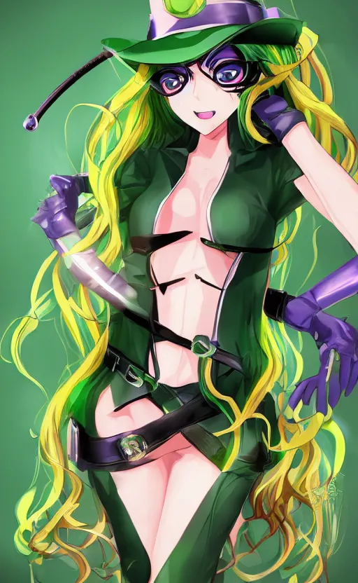 Prompt: an anime girl cosplaying as the riddler from Batman, anime character illustration, digital art, 4k