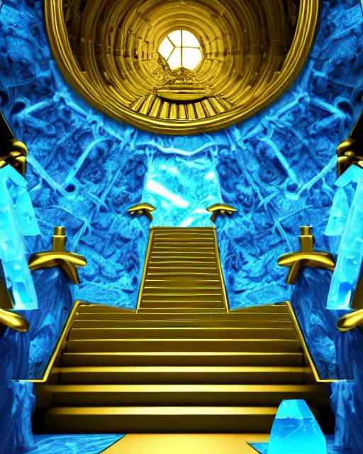 Image similar to scientifically realistic render scifi gold staircase to royal temple carved out of marble skeleton and blue gems and cyan crystal rendered in octane