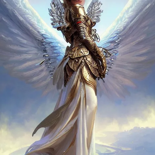 Image similar to A beautiful and fierce angel wearing fancy metallic battle armor and wings among heavenly clouds, intricate, elegant, highly detailed, digital painting, artstation, concept art, smooth, sharp focus, illustration, art by artgerm and greg rutkowski and alphonse mucha