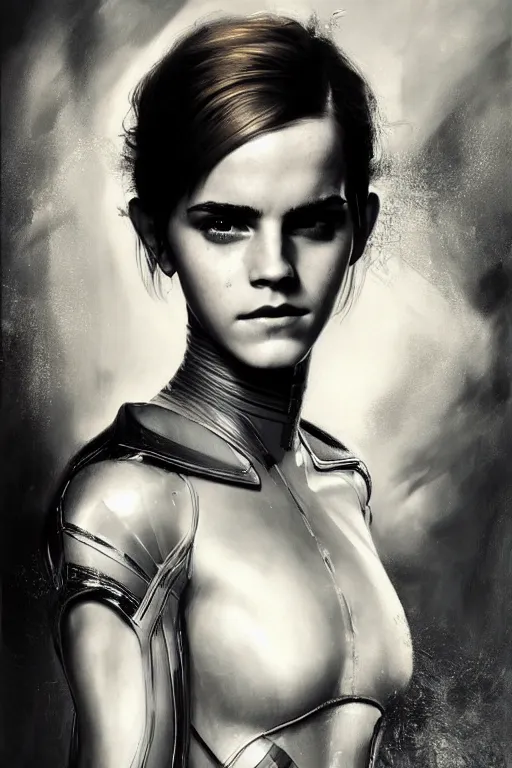 Image similar to emma watson closeup portrait futuristic fractal fightsuit gaston bussiere craig mullins j. c. leyendecker short wet hair richard avedon peter lindbergh monochrome studio lighting