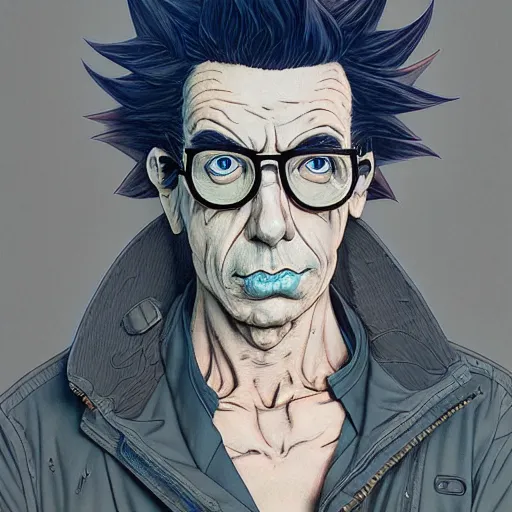 Prompt: 9 5 5 5 rick sanchez portrait by and james jean and katsuhiro otomo and erik jones, inspired by ghost in the shell anime, fine face features, intricate high details, sharp, ultradetailed, 3 d octane render