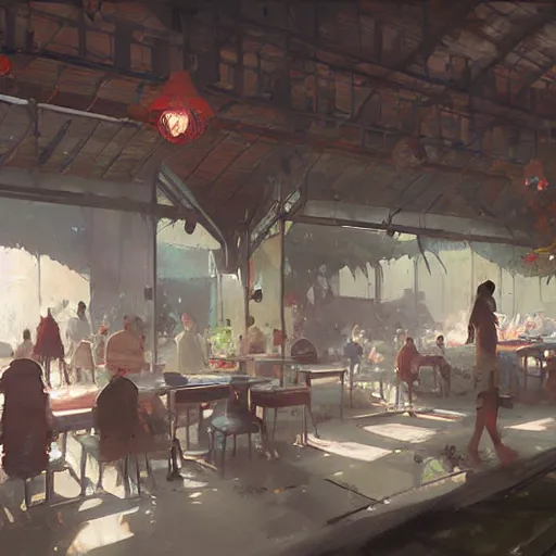 Prompt: a hawker centre, by greg rutkowski, digital art