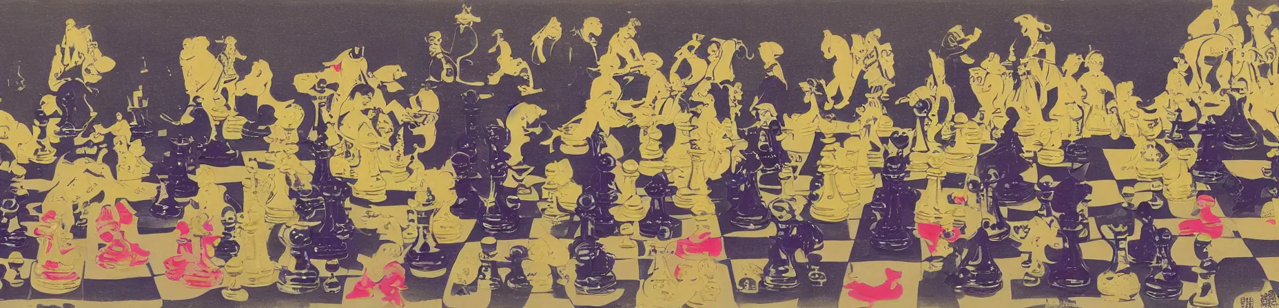 Prompt: chess set, carmen kass, very small number of people, mary stevenson cassatt, ukiyo - e, galactic yellow violet colors