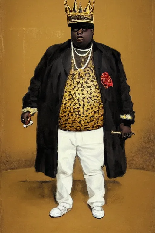 Image similar to ultra unrealistic portrait of rapper biggie smalls standing with cane and with kings crown and royal outfit, european, modern art, eclectic art, gold and colorful, illustration, by ramon casas