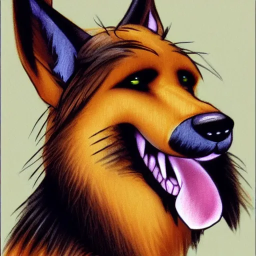 Image similar to an anthropomorphic german shepherd, fursona!!! by don bluth, trending on artstation, full body