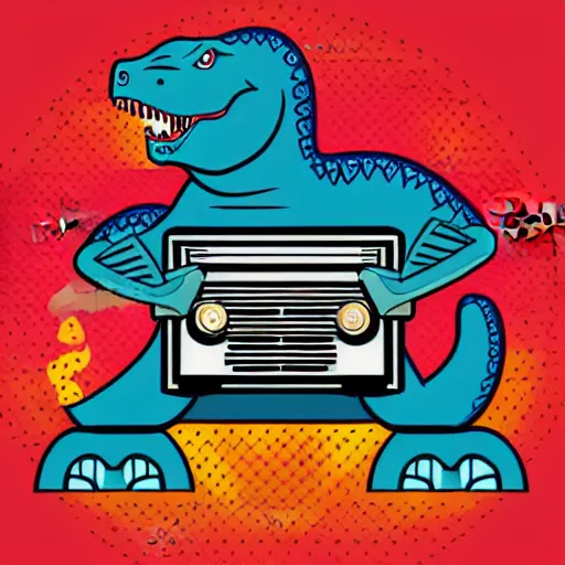 Image similar to memphis design, retro, 90s, detailed illustration, dinosaur samurai with a boombox