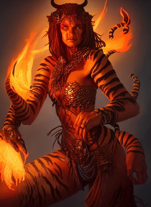 Image similar to dungeons and dragons portrait of a tiger man sorceress, made of fire and darkness, highly detailed, dynamic lighting, digital art, digital painting, artstation, terence nielsen, sharp focus, illustration, art by artgerm and greg rutkowski and moebius, 8 k