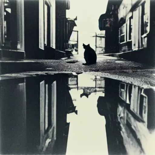 Prompt: wide-shot very low-angle eyesight first-person reflection of a cat in the puddle at the street, polaroid photo, by Andy Warhol, signed