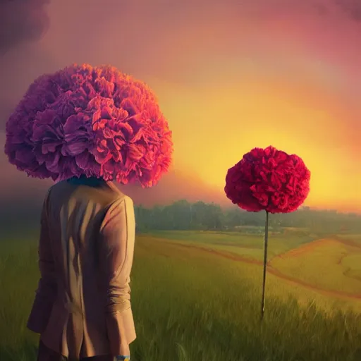 Image similar to giant carnation flower head, frontal, girl in a suit, surreal photography, sunrise, dramatic light, impressionist painting, digital painting, artstation, simon stalenhag