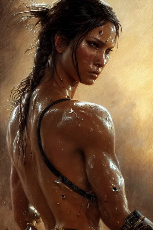 Image similar to muscular sweat and wet, lara croft, exhausted face close up, highly detailed painting by gaston bussiere, craig mullins, j. c. leyendecker 8 k