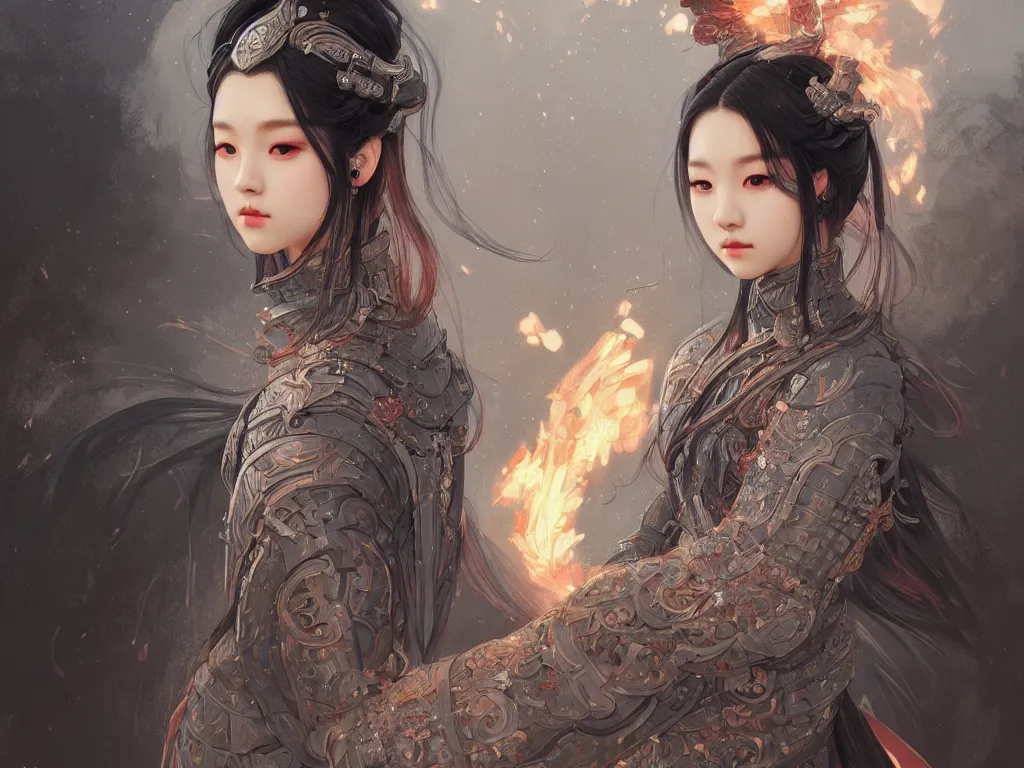 Image similar to portrait jisoo blackpink, grey hair armored samurai clothes, in fire japanese temple wet night, ssci - fi and fantasy, intricate and very very beautiful and elegant, digital painting, artstation, concept art, smooth and sharp focus, illustration, art by tian zi and wlop and alphonse mucha