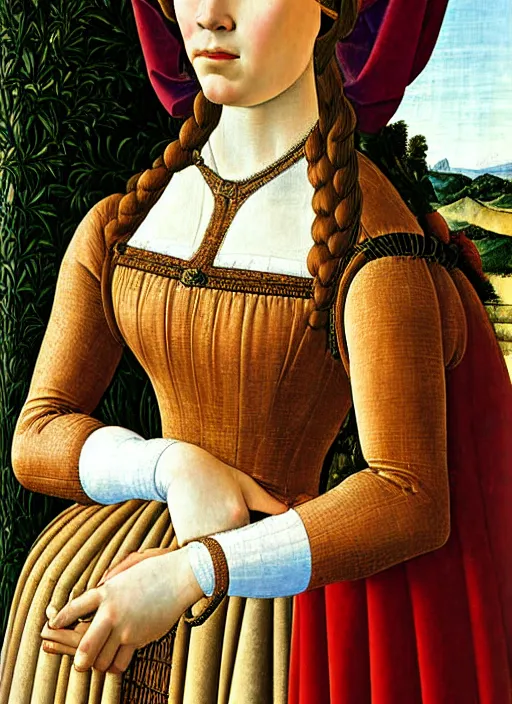 Prompt: portrait of young woman in renaissance dress and hennin, art by sandro botticelli