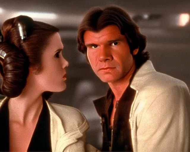 Image similar to screenshot of Han Solo standing next to Princess Leia Organa kiss, alone, pensive, iconic scene from 1980s Star Wars film directed by Ridley Scott, in a sci fi nursing home architecture, last jedi, 4k HD sharp, cinematic still frame, photoreal, detailed face, moody lighting, stunning cinematography, anamorphic lenses, kodak color film stock