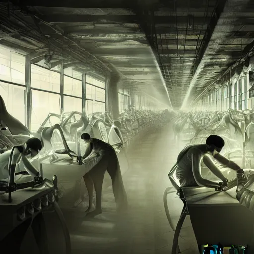 Prompt: evil souls being produced in surreal sweatshop under fluorescent light hell, advanced, photorealistic, realistic, dramatic lighting, fantastic reality, by stefan bakałowicz, 8 k resolution