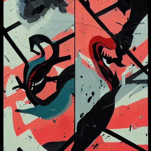 Prompt: Venom vs Carnage painting by Sachin Teng, asymmetrical, Organic Painting , Hard Light and long shadows, Matte Painting, geometric shapes, hard edges, graffiti, street art:2 by Sachin Teng:4